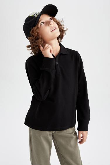 Boy Black Long Sleeve Polo School T-Shirt