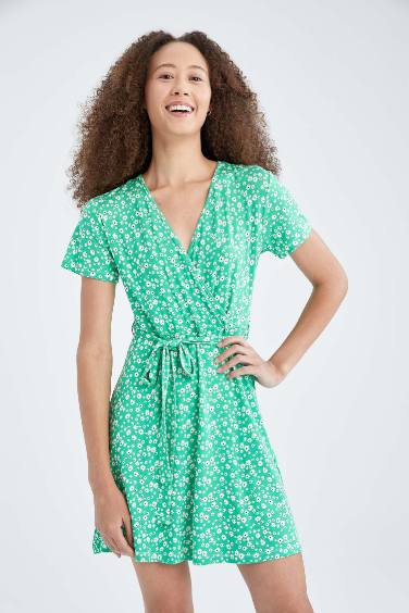 A-Line Wrap Collar Patterned Mini Short Sleeve Dress