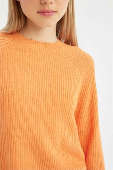 بلوفر تريكو بيزك قصة عادية برقبة مستديرة برتقالي