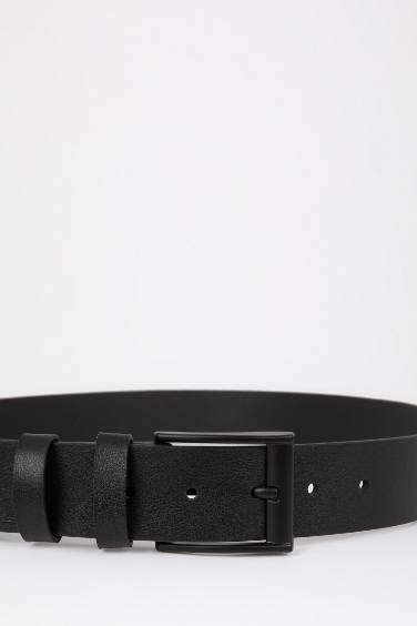 حزام رجالي جلد صناعي أسود بمشبك على شكل مستطيل