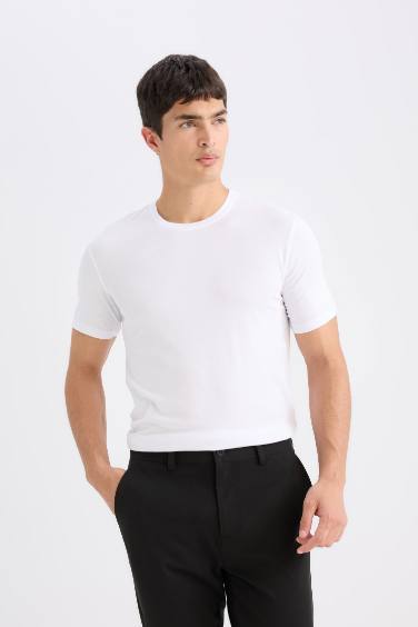 Slim Fit Dar Kesim Bisiklet Yaka Basic Düz Kısa Kollu Tişört