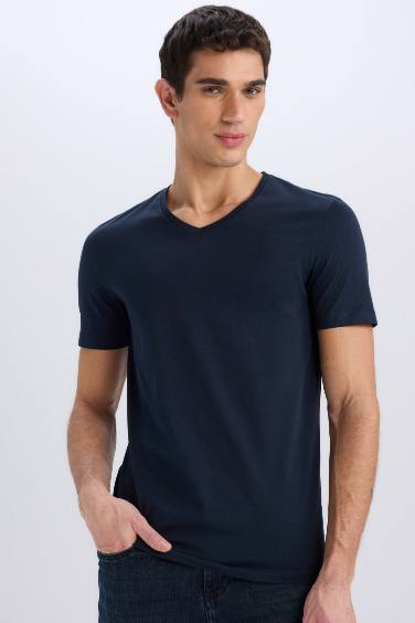 T-Shirt Basique Slim Manches Courtes Col en V