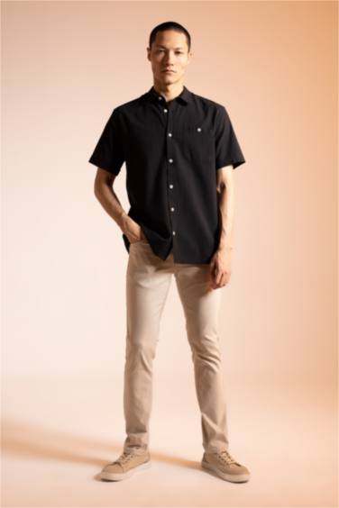 Regular Fit Polo Collar Short Sleeve Cotton Shirt