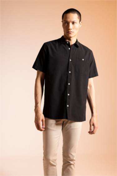 Regular Fit Polo Collar Short Sleeve Cotton Shirt