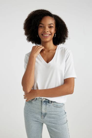 Regular Fit V Neck Cotton Basic Short Sleeve T-Shirt