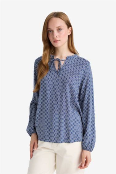 Regular Fit Crew Neck Printed Long Sleeve Blouse