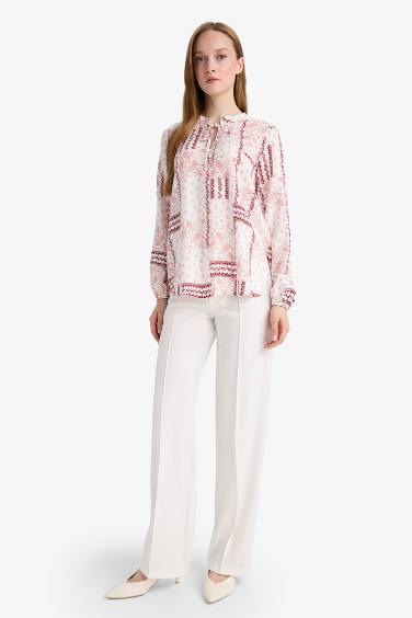 Regular Fit Desenli Apaş Yaka Uzun Kollu Bluz