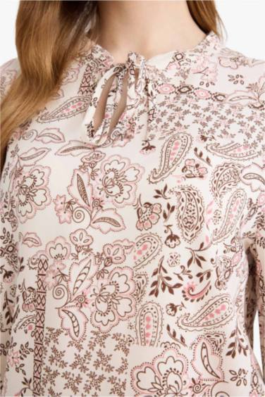 بلوزة كم طويل مطبوعة قصة عادية بياقة مستديرة