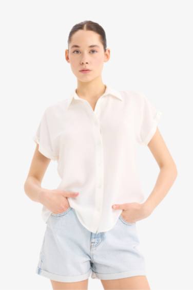 Regular Fit Basic Düz Viskon Kısa Kollu Gömlek