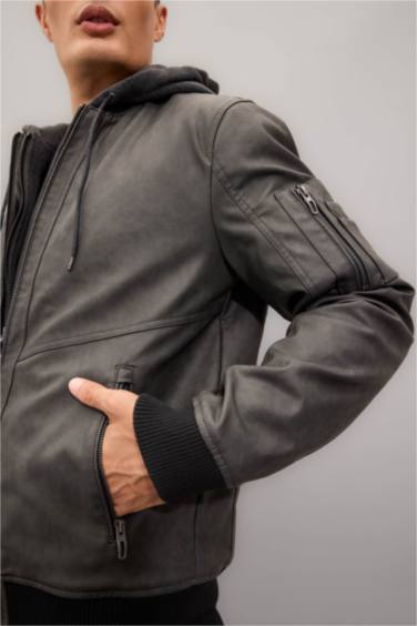 Boy Waterproof Slim Fit Hooded Zippered Pocket Faux Leather Jacket