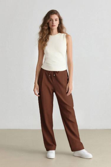Linen Look Pocketed High Waist Straight Leg Jogger Trousers