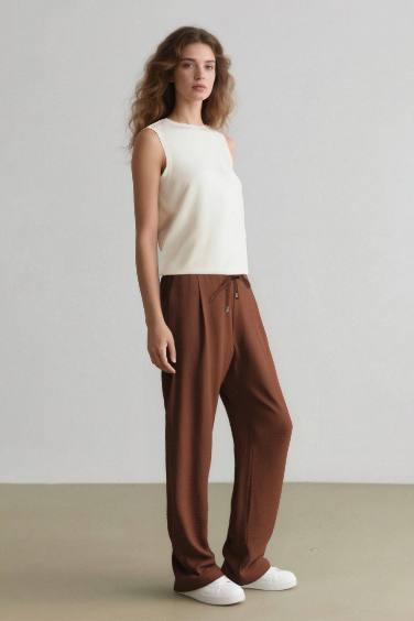 Linen Look Pocketed High Waist Straight Leg Jogger Trousers
