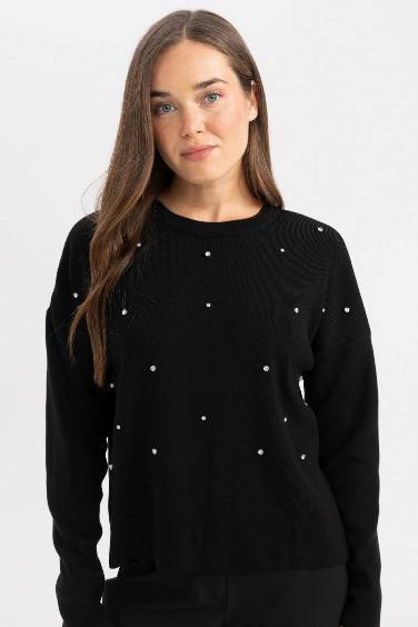 Regular Fit Crew Neck Stoned Black Knitted Pullover