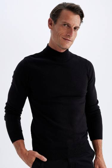 Black Slim Fit Half Turtleneck Basic Knitted Pullover