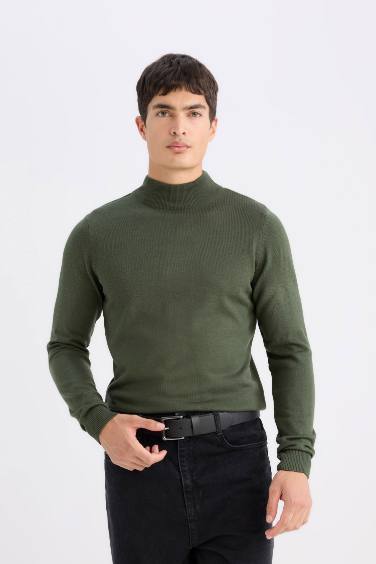 Slim Fit Dar Kesim Yarım Balıkçı Yaka Basic Düz Triko Kazak