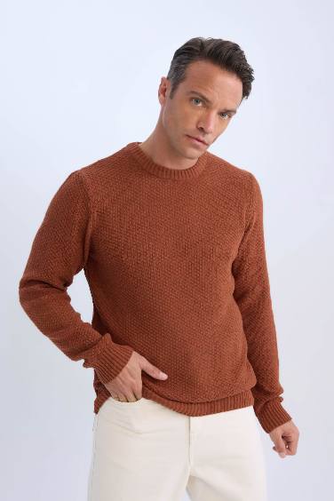 Standard Fit Crew Neck Textured Basic Pullover