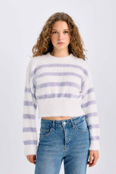 Pull Tricot rayé à col rond et coupe régulière