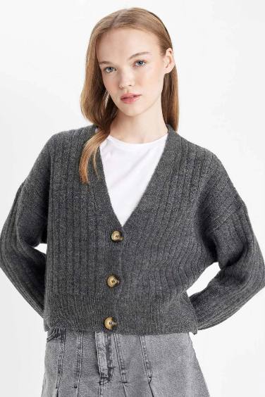 Regular Fit V Neck Basic Knitted Cardigan