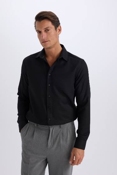 Slim Fit Dar Kesim Polo Yaka Kolay Ütülenen Oxford Basic Düz Uzun Kollu Gömlek