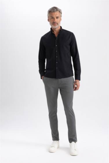 Modern Fit Polo Collar Textured Long Sleeve Cotton Shirt