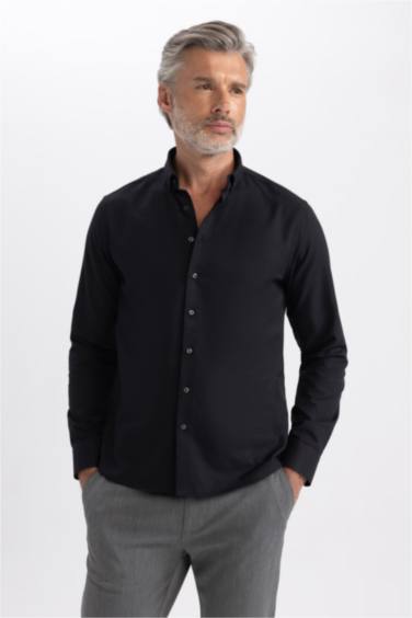 Modern Fit Polo Collar Textured Long Sleeve Cotton Shirt