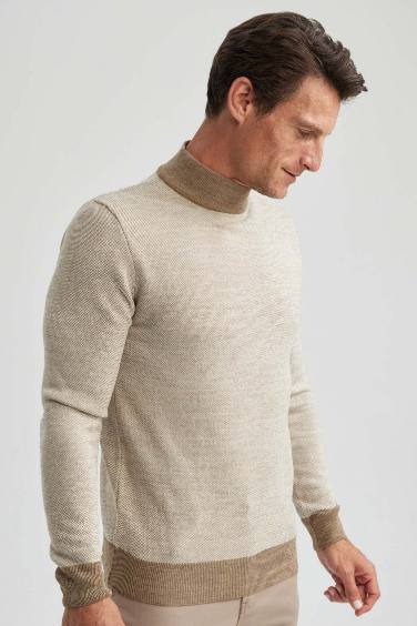 Regular Fit Color Block Turtleneck Knit Pullover