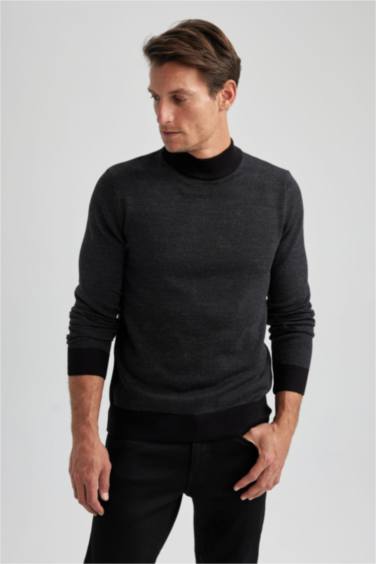Regular Fit Color Block Turtleneck Knit Pullover