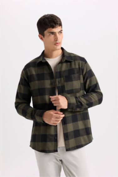 Regular Fıt Polo Yaka Kareli Flanel Uzun Kollu Gömlek