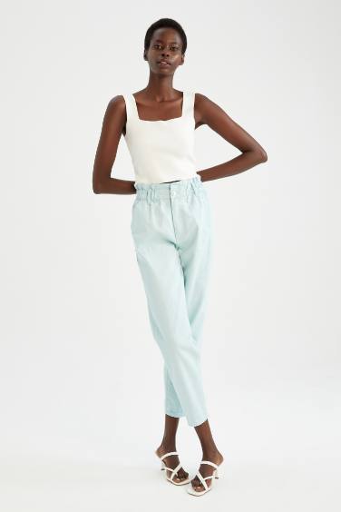 Paperbag High Waist Woven Cotton Trousers