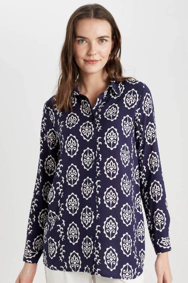 Loose Fit Patterned Long Sleeve Shirt Tunic