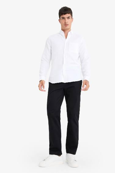Slim Fit Dar Kesim Polo Yaka Dokulu Uzun Kollu Beyaz Gömlek