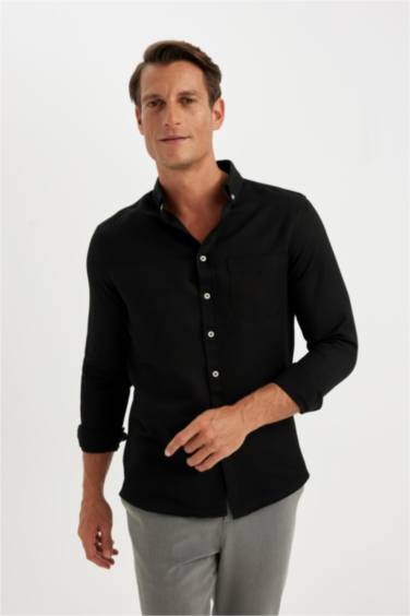 Slim Fit Dar Kesim Polo Yaka Dokulu Uzun Kollu Siyah Gömlek