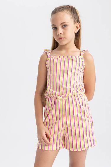 Girl Patterned Strap Cotton Short Jumpsuit