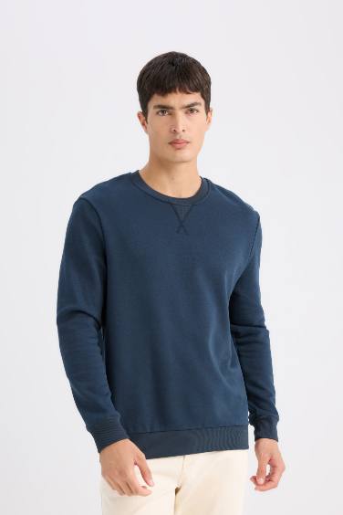 Regular Fit Bisiklet Yaka Kalın Basic Düz Sweatshirt