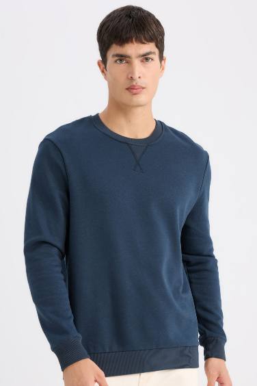 Regular Fit Bisiklet Yaka Kalın Basic Düz Sweatshirt