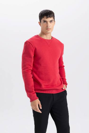 Kırmızı Regular Fit Bisiklet Yaka Kalın Basic Düz Sweatshirt