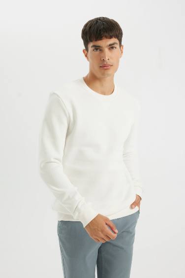 Regular Fit Bisiklet Yaka Kalın Basic Düz Sweatshirt