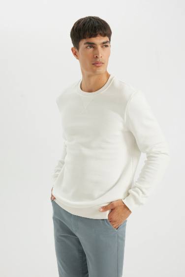 Regular Fit Bisiklet Yaka Kalın Basic Düz Sweatshirt