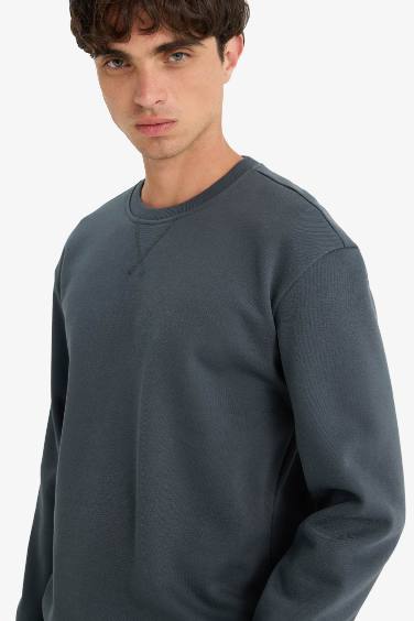 Regular Fit Bisiklet Yaka Basic Düz Kalın Sweatshirt