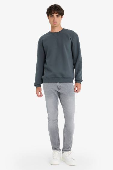 Regular Fit Bisiklet Yaka Basic Düz Kalın Sweatshirt