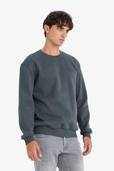 Regular Fit Bisiklet Yaka Basic Düz Kalın Sweatshirt