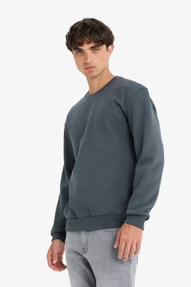 Regular Fit Bisiklet Yaka Basic Düz Kalın Sweatshirt
