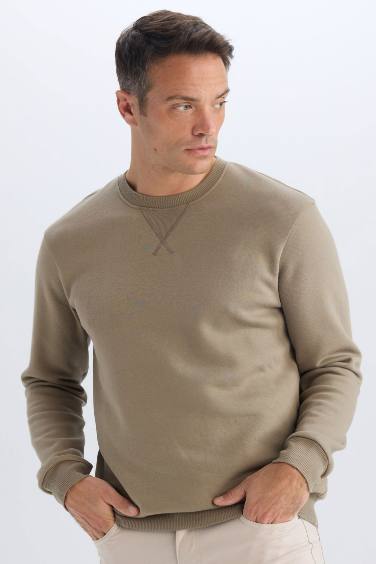 Regular Fit Bisiklet Yaka Basic Düz Kalın Sweatshirt