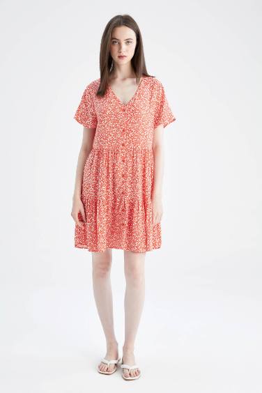 Volan Detailed V-Neck Floral Dress