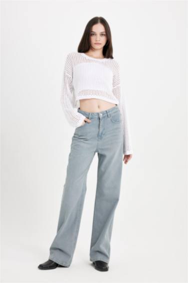 Regular Fit Bisiklet Yaka Kroşe Ajurlu Delikli Crop Triko Kazak