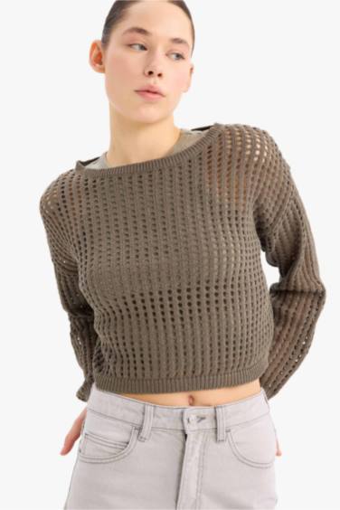 بلوفر قصة عادية برقبة مستديرة