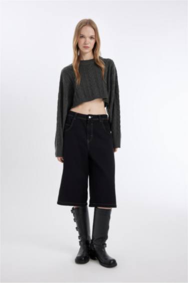 Coool Regular Fit Crop Bisiklet Yaka Saç Örgülü Triko Kazak