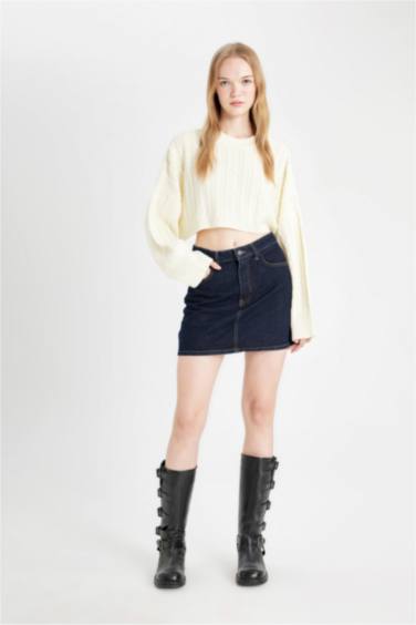 Coool Regular Fit Crop Bisiklet Yaka Saç Örgülü Triko Kazak