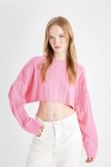 بلوفر قصير تريكو قصة عادية برقبة مستديرة