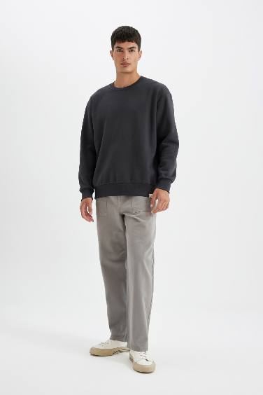 Oversize Geniş Kalıp Bisiklet Yaka Kalın Basic Düz Sweatshirt